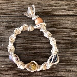 Handmade hemp and purple, yellow glass beads bracelet